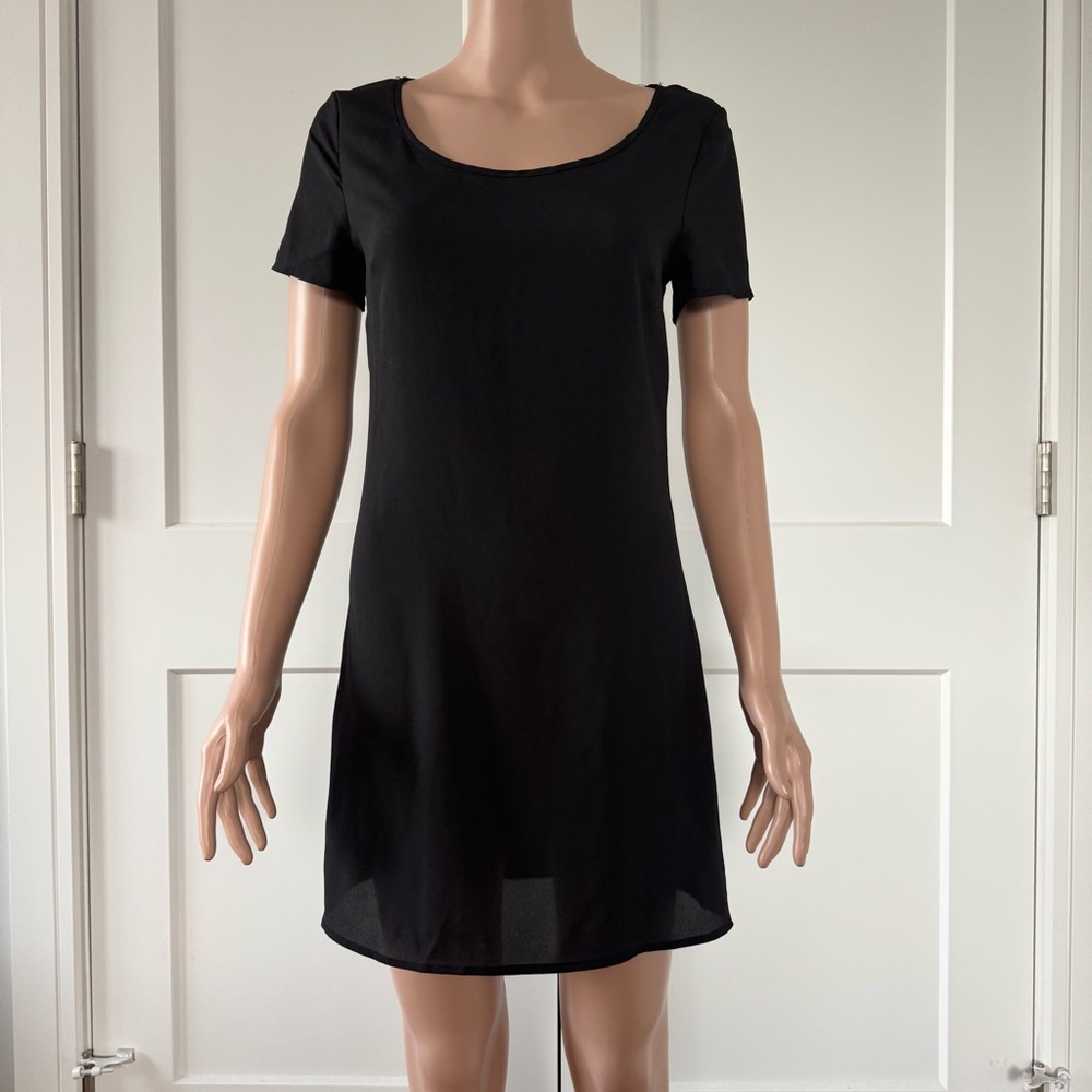 Paulnkc Black Lightweight Short Sleeves Open Back Mini Slip Dress Cover Up XS S